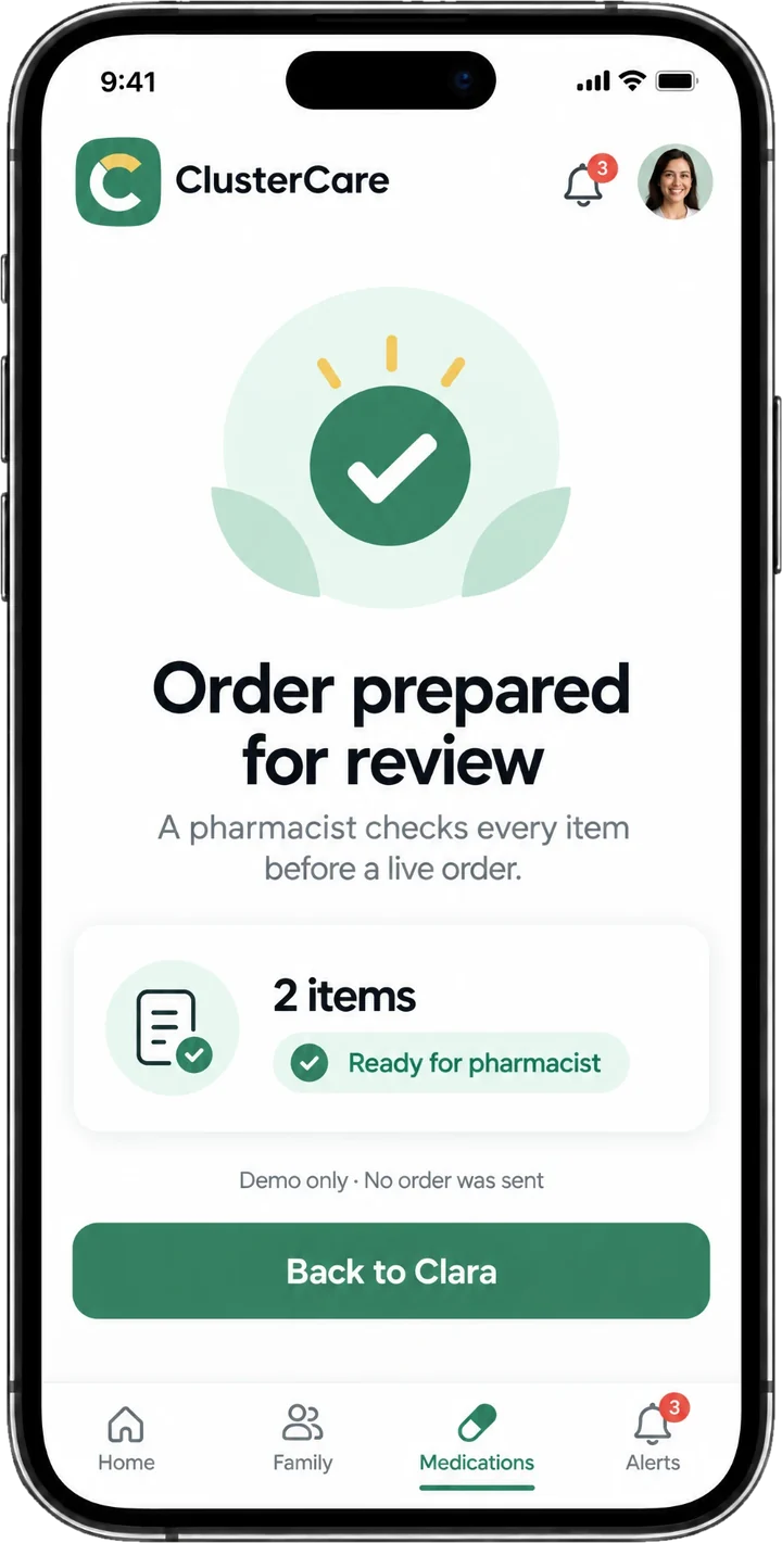 Order prepared for review: 2 items ready for pharmacist
